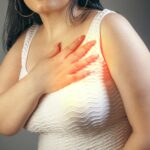 Woman suffering from chest pain on a gray background. Health care concept.